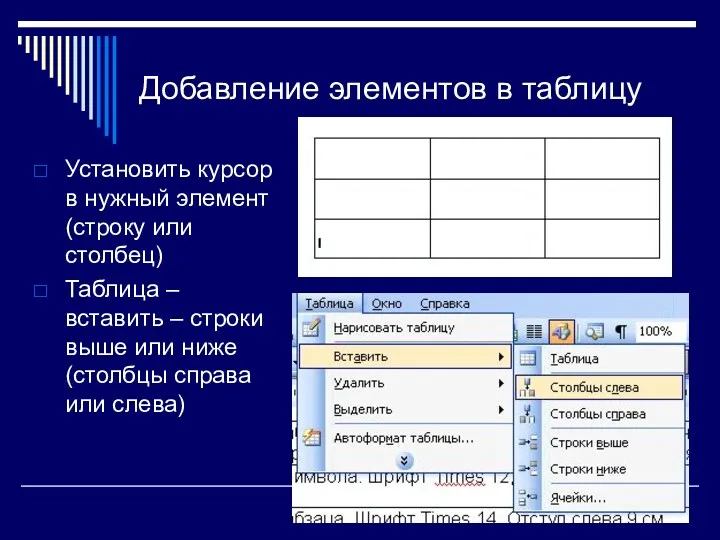 Добавление элементов в таблицу Установить курсор в нужный элемент (строку