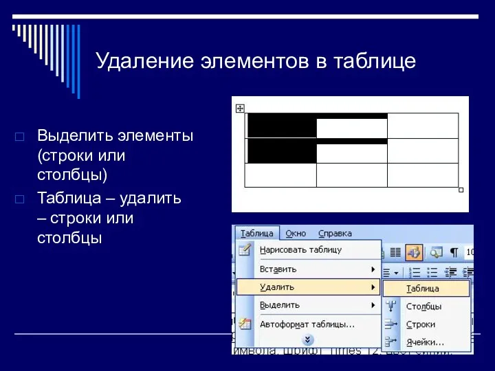 Удаление элементов в таблице Выделить элементы (строки или столбцы) Таблица – удалить – строки или столбцы