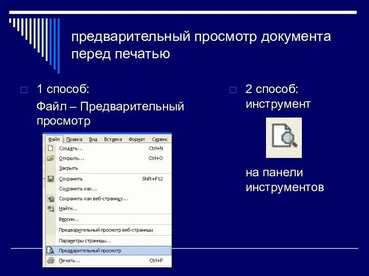 предварительный просмотр документа перед печатью 1 способ: Файл – Предварительный