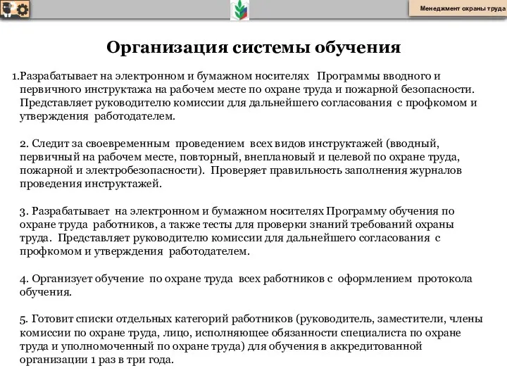 Организация системы обучения Разрабатывает на электронном и бумажном носителях Программы