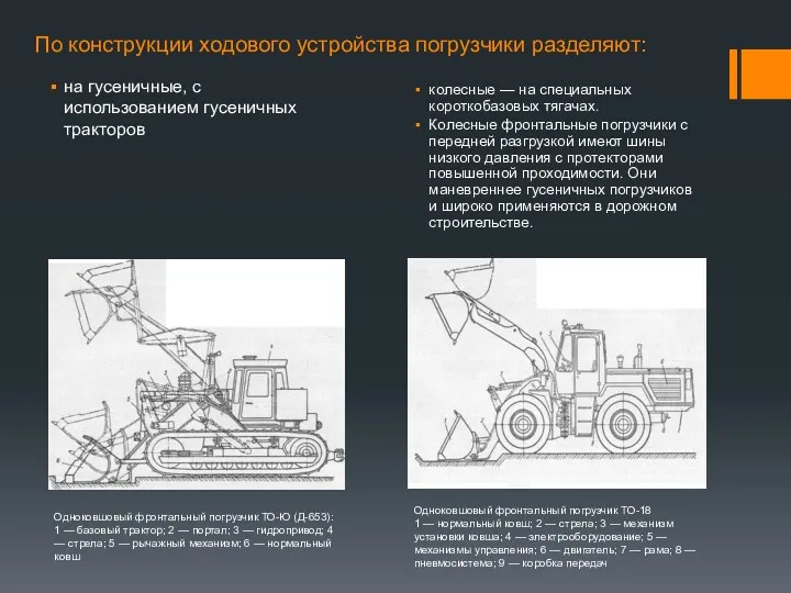 По конструкции ходового устройства погрузчики разделяют: на гусеничные, с использованием гусеничных тракторов колесные