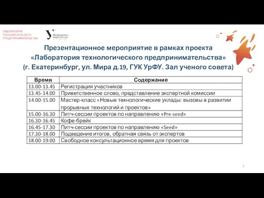 Презентационное мероприятие в рамках проекта «Лаборатория технологического предпринимательства» (г. Екатеринбург,