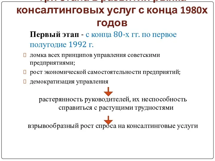 Три этапа в развитии рынка консалтинговых услуг с конца 1980х годов Первый этап