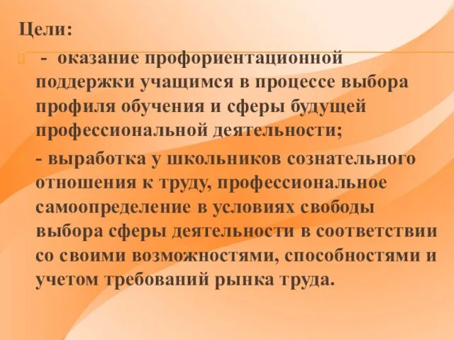 Цели: - оказание профориентационной поддержки учащимся в процессе выбора профиля