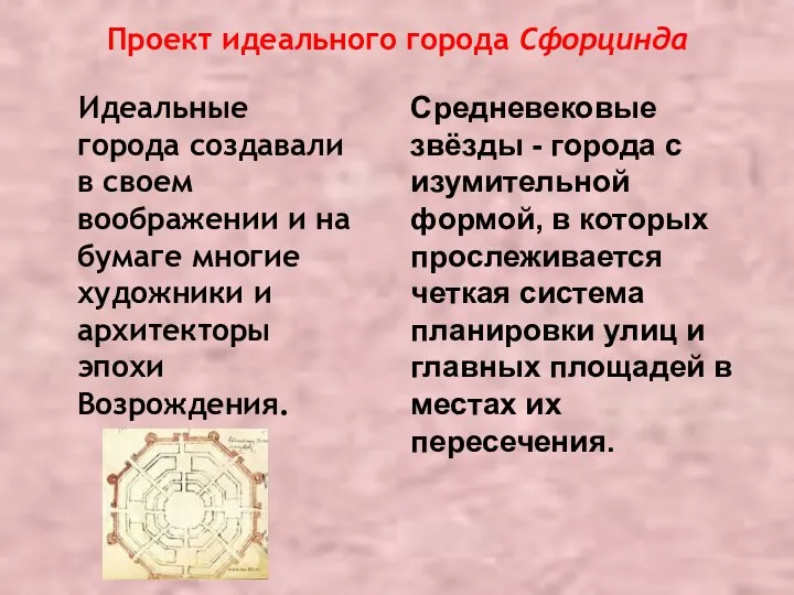 Проект идеального города Сфорцинда Идеальные города создавали в своем воображении