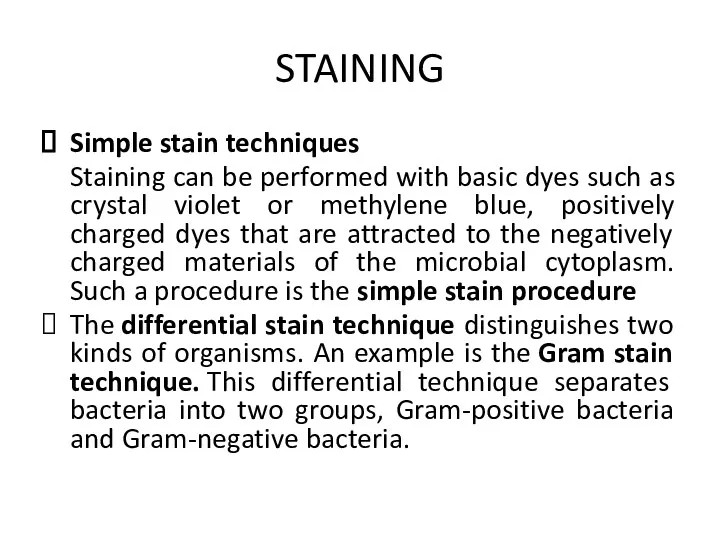 STAINING Simple stain techniques Staining can be performed with basic