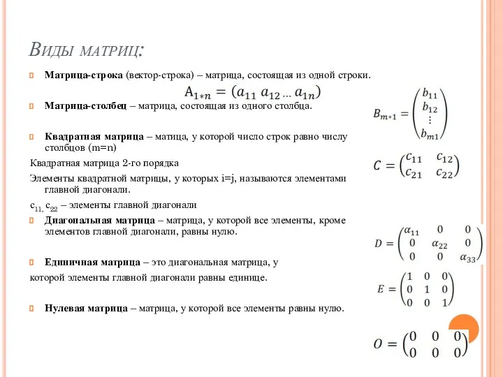 Виды матриц: Матрица-строка (вектор-строка) – матрица, состоящая из одной строки.