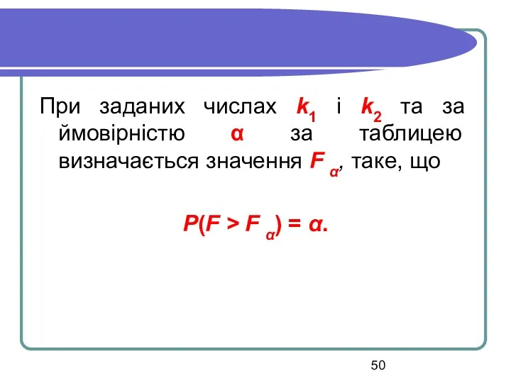 При заданих числах k1 і k2 та за ймовірністю α за таблицею визначається