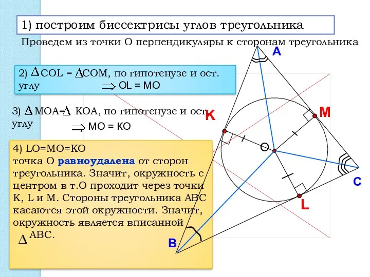 С А 1) построим биссектрисы углов треугольника Проведем из точки О перпендикуляры к сторонам треугольника В