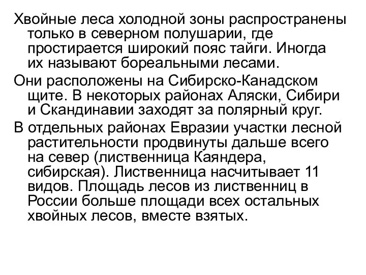 Хвойные леса холодной зоны распространены только в северном полушарии, где