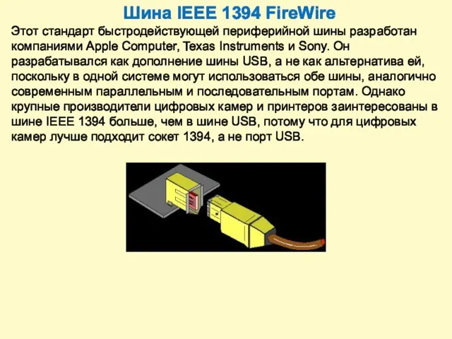 Шина IEEE 1394 FireWire Этот стандарт быстродействующей периферийной шины разработан
