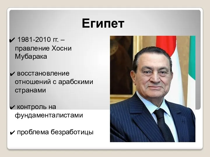 Египет 1981-2010 гг. – правление Хосни Мубарака восстановление отношений с