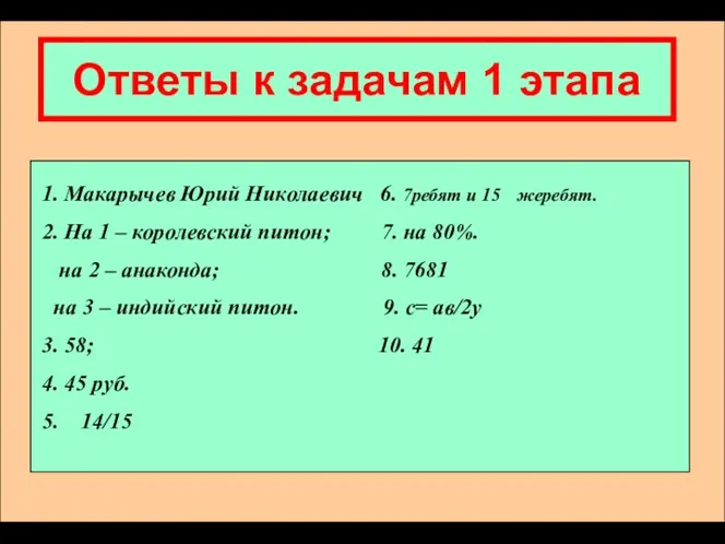 Ответы к задачам 1 этапа 1. Макарычев Юрий Николаевич 6.