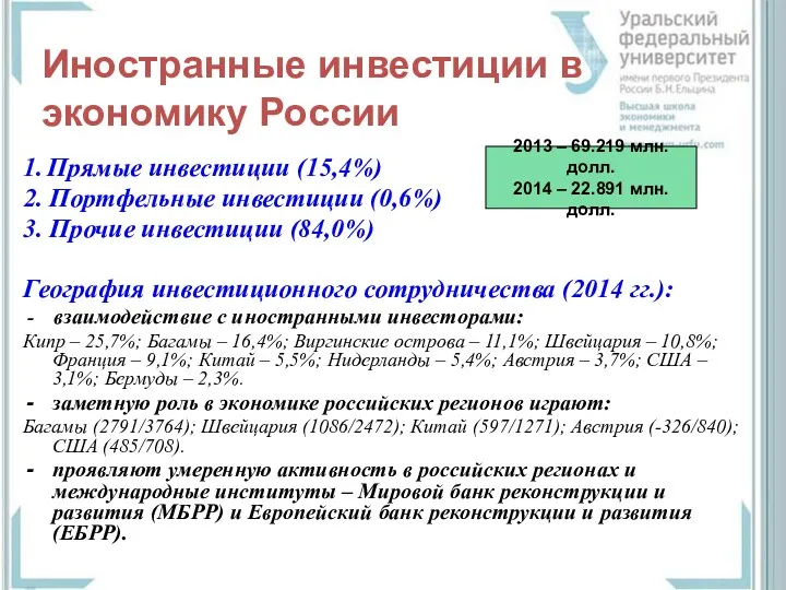 Иностранные инвестиции в экономику России 1. Прямые инвестиции (15,4%) 2.