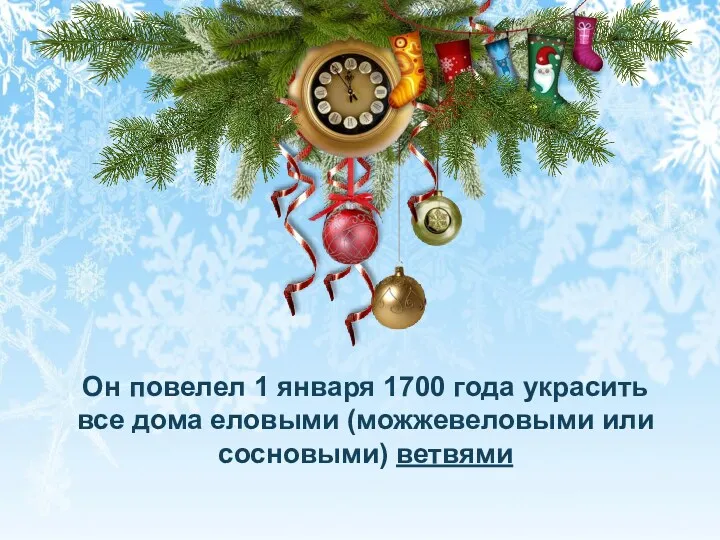 Он повелел 1 января 1700 года украсить все дома еловыми (можжевеловыми или сосновыми) ветвями