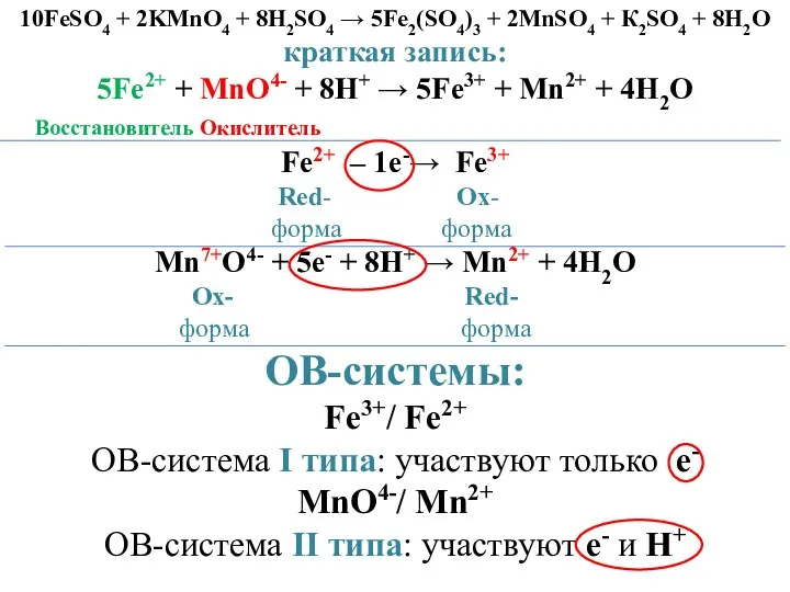 10FeSO4 + 2KMnO4 + 8H2SO4 → 5Fe2(SO4)3 + 2MnSO4 +