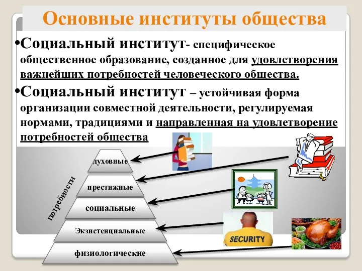 Основные институты общества Социальный институт- специфическое общественное образование, созданное для