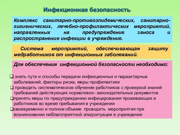 Инфекционная безопасность Комплекс санитарно-противоэпидемических, санитарно-гигиенических, лечебно-профилактических мероприятий, направленных на предупреждение