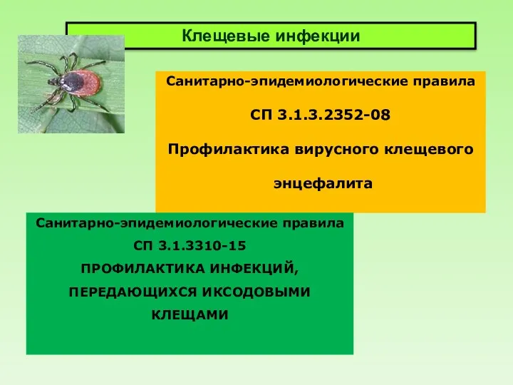 Клещевые инфекции Санитарно-эпидемиологические правила СП 3.1.3.2352-08 Профилактика вирусного клещевого энцефалита