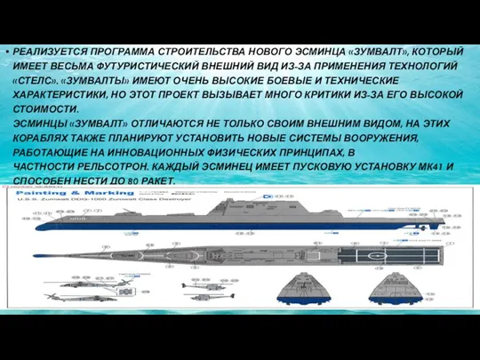 РЕАЛИЗУЕТСЯ ПРОГРАММА СТРОИТЕЛЬСТВА НОВОГО ЭСМИНЦА «ЗУМВАЛТ», КОТОРЫЙ ИМЕЕТ ВЕСЬМА ФУТУРИСТИЧЕСКИЙ