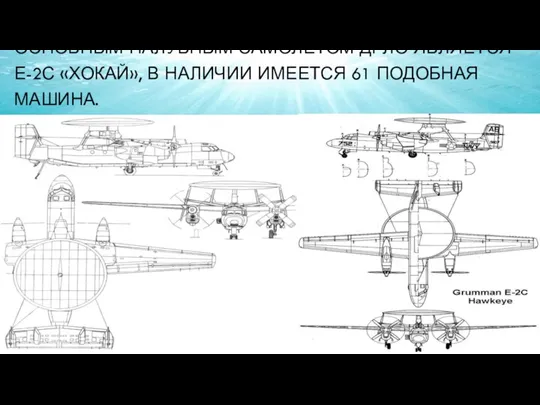 ОСНОВНЫМ ПАЛУБНЫМ САМОЛЕТОМ ДРЛО ЯВЛЯЕТСЯ Е-2С «ХОКАЙ», В НАЛИЧИИ ИМЕЕТСЯ 61 ПОДОБНАЯ МАШИНА.