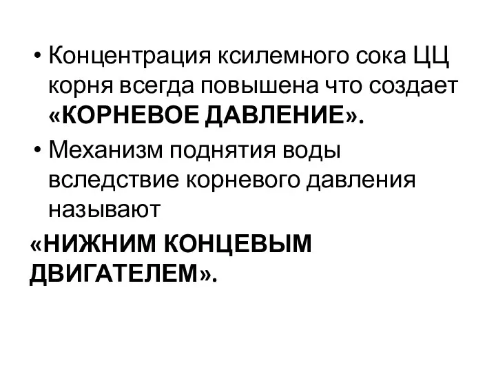 Концентрация ксилемного сока ЦЦ корня всегда повышена что создает «КОРНЕВОЕ