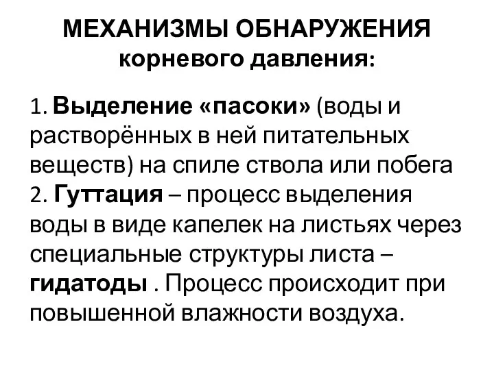 МЕХАНИЗМЫ ОБНАРУЖЕНИЯ корневого давления: 1. Выделение «пасоки» (воды и растворённых