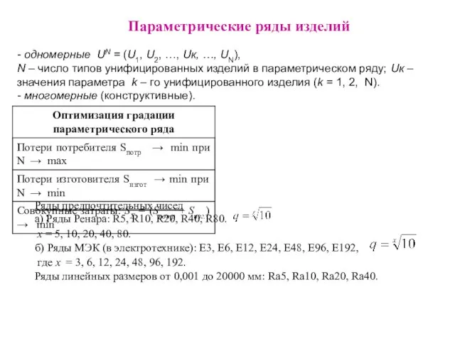 Параметрические ряды изделий - одномерные UN = (U1, U2, …, Uк, …, UN),