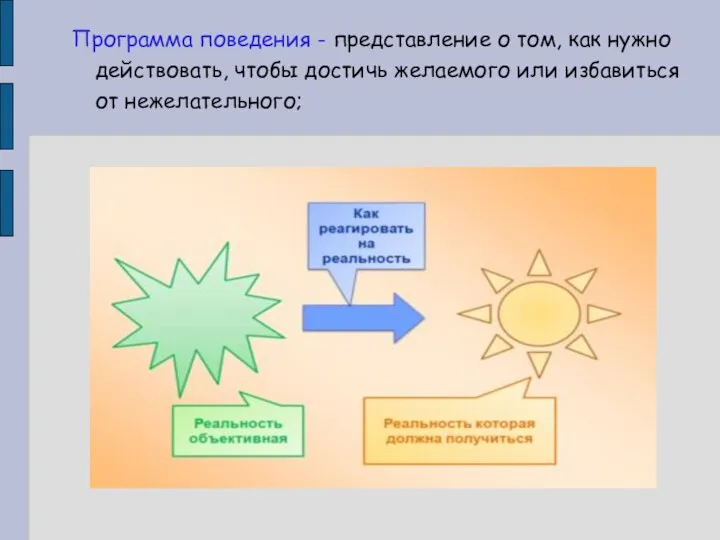 Программа поведения - представление о том, как нужно действовать, чтобы достичь желаемого или избавиться от нежелательного;