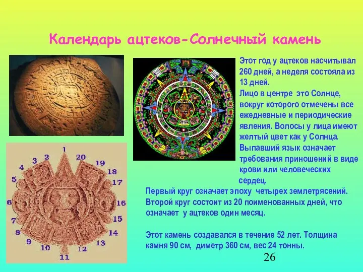 Календарь ацтеков-Солнечный камень Этот год у ацтеков насчитывал 260 дней,