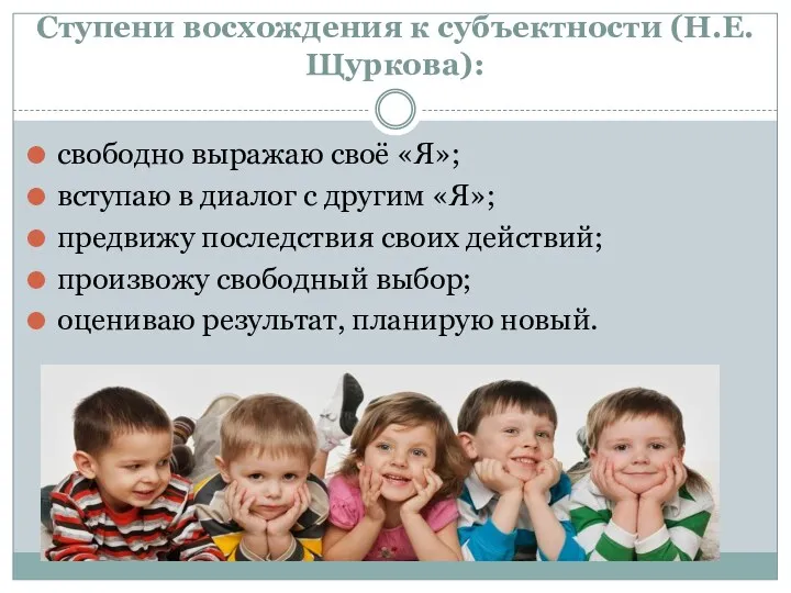 Ступени восхождения к субъектности (Н.Е.Щуркова): свободно выражаю своё «Я»; вступаю