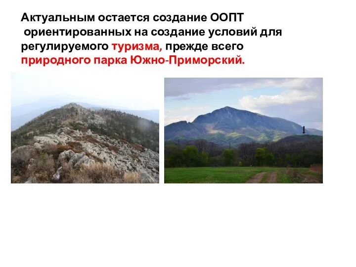 Актуальным остается создание ООПТ ориентированных на создание условий для регулируемого туризма, прежде всего природного парка Южно-Приморский.