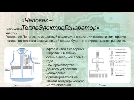 Схема устройства «Человек – ТеплоЭлектроГенератор» Тело человека – круглосуточный генератор