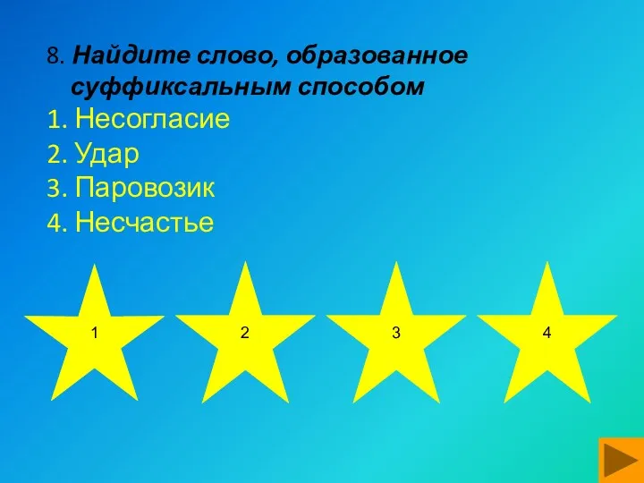 8. Найдите слово, образованное суффиксальным способом 1. Несогласие 2. Удар