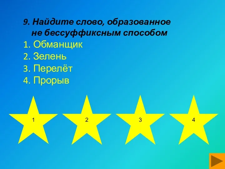 9. Найдите слово, образованное не бессуффиксным способом 1. Обманщик 2.