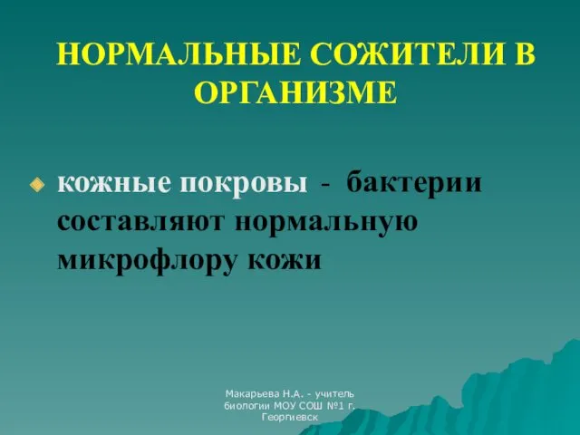 Макарьева Н.А. - учитель биологии МОУ СОШ №1 г.Георгиевск НОРМАЛЬНЫЕ СОЖИТЕЛИ В ОРГАНИЗМЕ