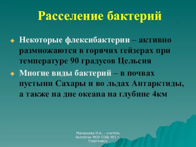 Макарьева Н.А. - учитель биологии МОУ СОШ №1 г.Георгиевск Расселение бактерий Некоторые флексибактерии