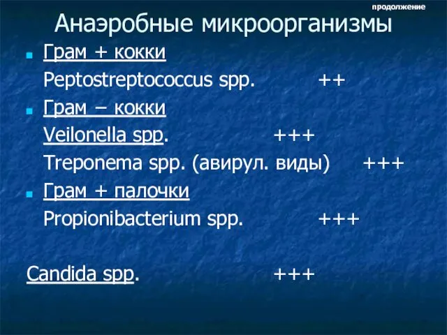 Анаэробные микроорганизмы Грам + кокки Peptostreptococcus spp. ++ Грам − кокки Veilonella spp.