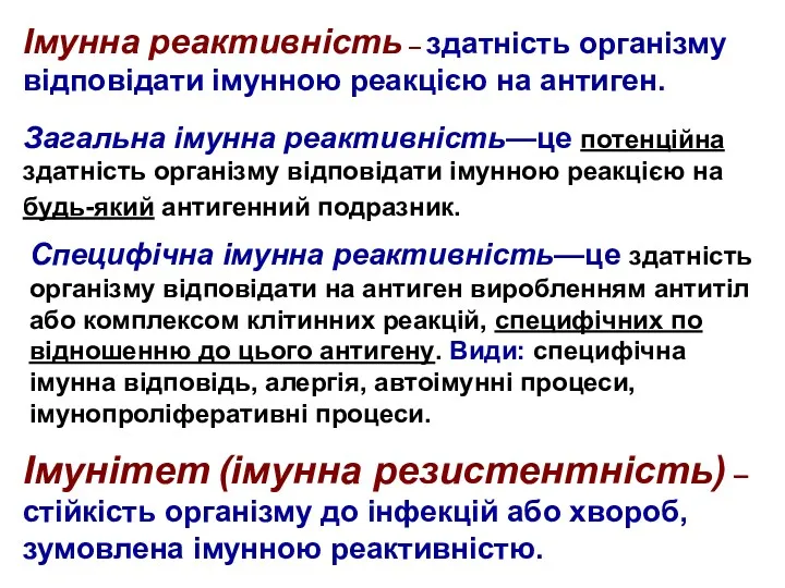 Специфічна імунна реактивність—це здатність організму відповідати на антиген виробленням антитіл