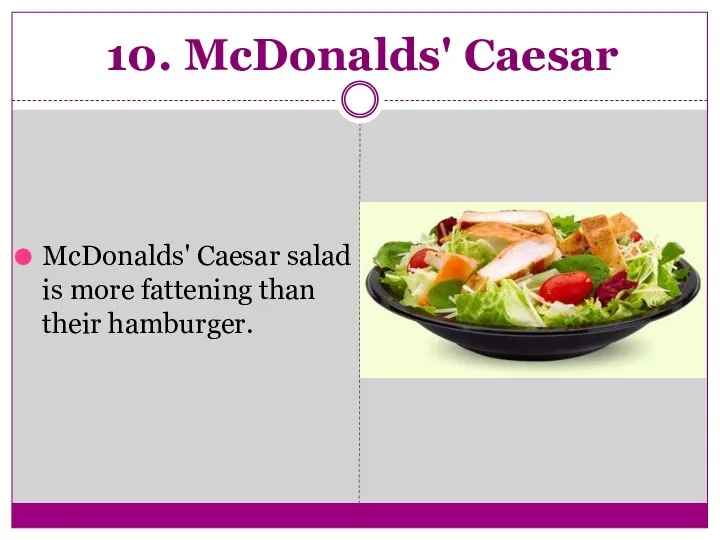 10. McDonalds' Caesar McDonalds' Caesar salad is more fattening than their hamburger.