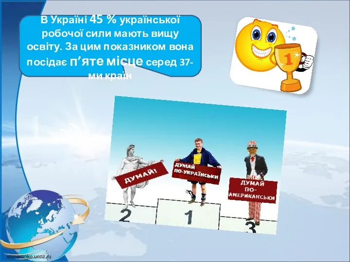 В Україні 45 % української робочої сили мають вищу освіту. За цим показником