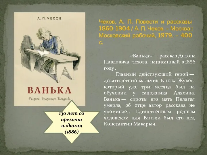 130 лет со времени издания (1886) «Ванька» — рассказ Антона