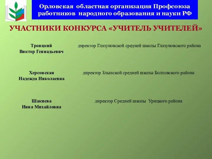 Орловская областная организация Профсоюза работников народного образования и науки РФ УЧАСТНИКИ КОНКУРСА «УЧИТЕЛЬ УЧИТЕЛЕЙ»