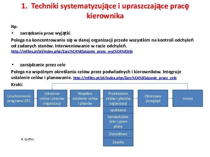 1. Techniki systematyzujące i upraszczające pracę kierownika Np. zarządzanie przez