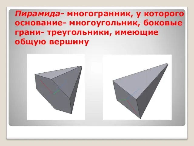 Пирамида- многогранник, у которого основание- многоугольник, боковые грани- треугольники, имеющие общую вершину