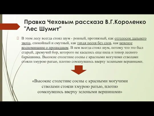 Правка Чеховым рассказа В.Г.Короленко "Лес Шумит" В этом лесу всегда