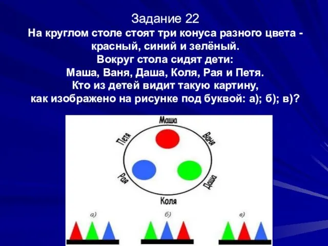 Задание 22 На круглом столе стоят три конуса разного цвета - красный, синий