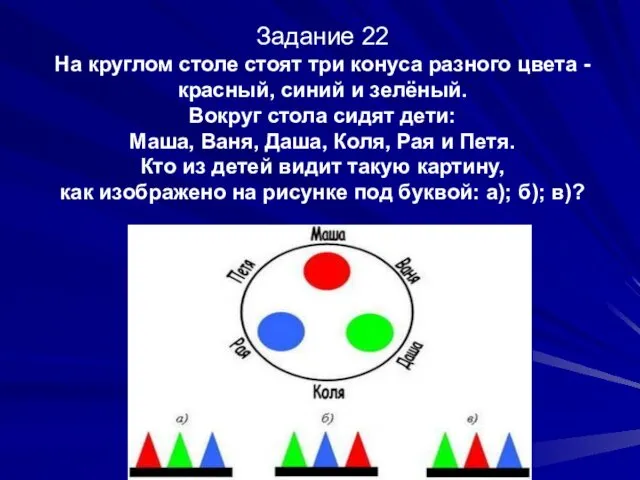 Задание 22 На круглом столе стоят три конуса разного цвета