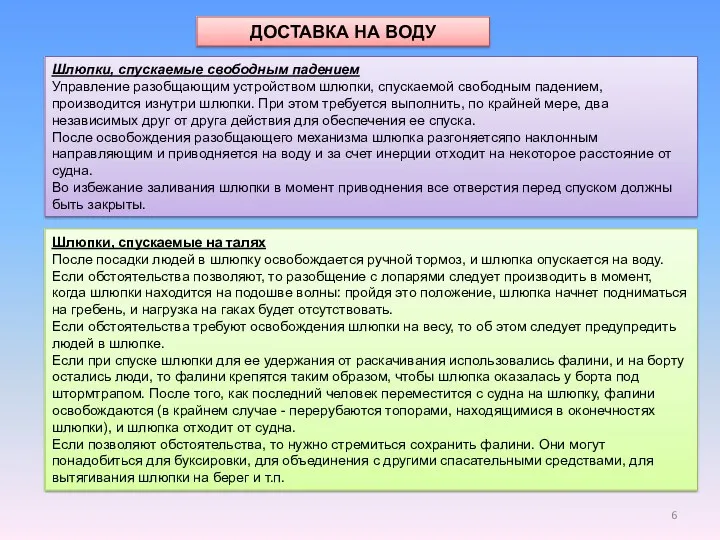 ДОСТАВКА НА ВОДУ Шлюпки, спускаемые свободным падением Управление разобщающим устройством