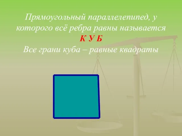 Прямоугольный параллелепипед, у которого всё ребра равны называется К У Б Все грани